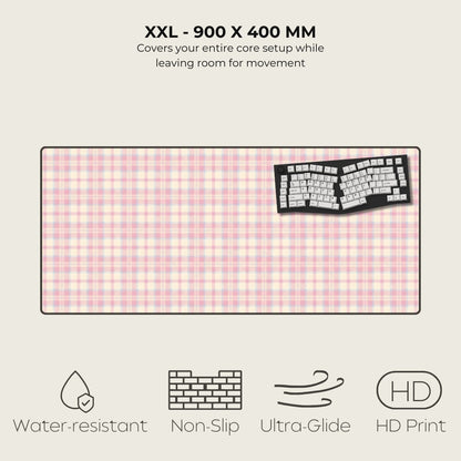 Large gaming mouse pad with checkered pattern and keyboard graphic, featuring text and icons on a white background.