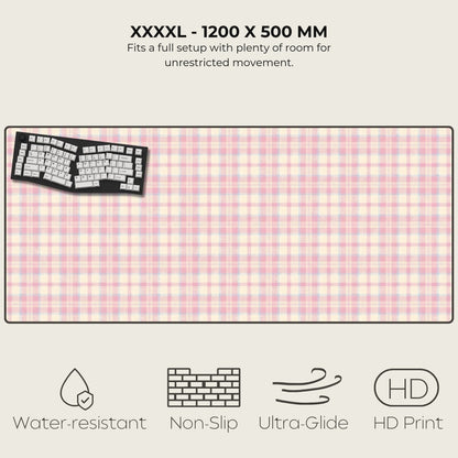 Large desk mat with pink and white checkered pattern, keyboard illustration, and feature icons on a white background.