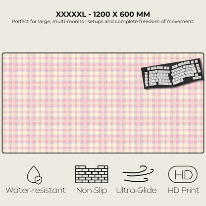 Large pink checkered desk mat with a keyboard on a white background, featuring text and icons about product features.