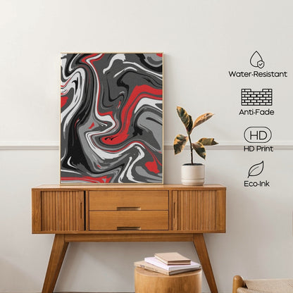 Abstract art print on a wooden console table with a plant and books, featuring water-resistant, anti-fade, HD print, and eco-ink icons.
