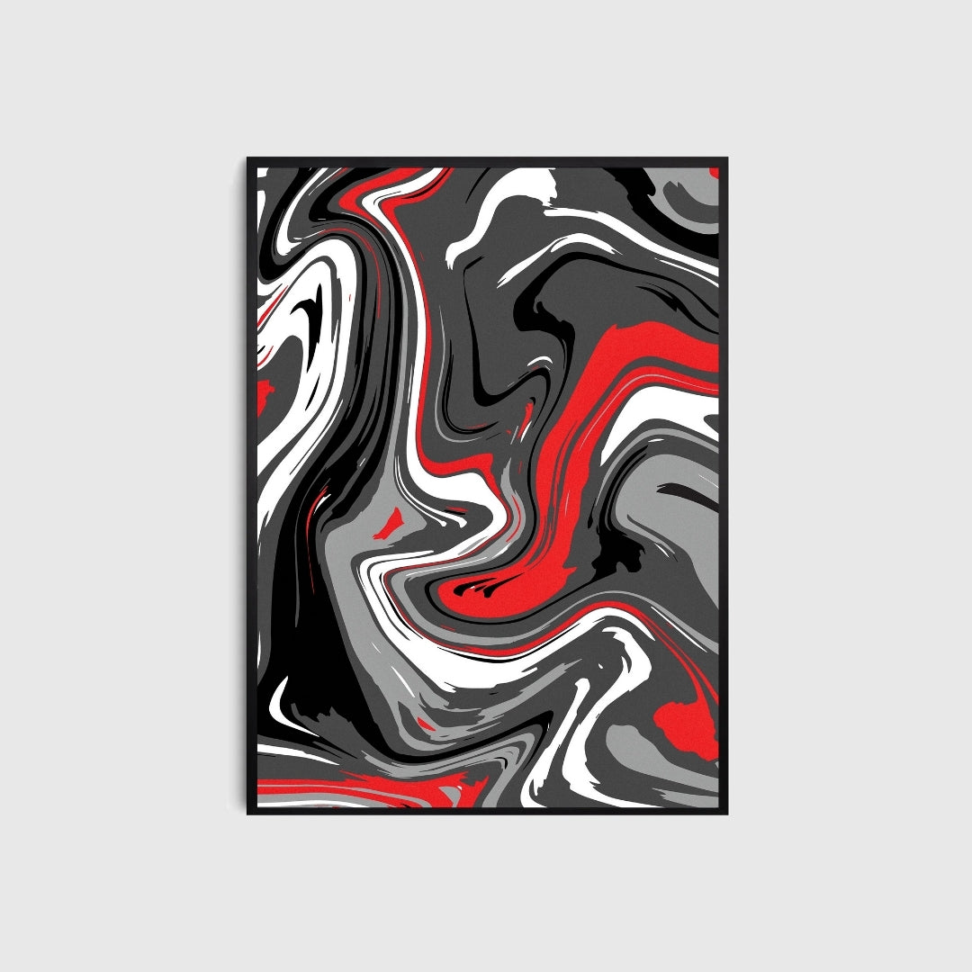 Abstract art print with red, black, and white swirls on a gray background