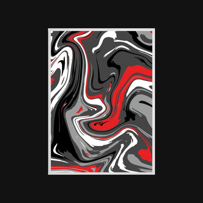 Abstract art print with swirling red, black, and white patterns on a black background