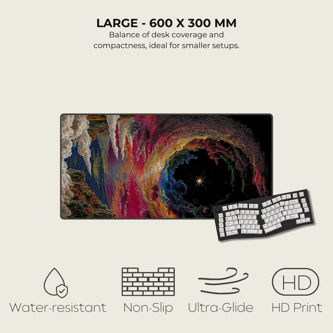 Colorful desk mat with space-themed design next to a keyboard, featuring product specifications and features.