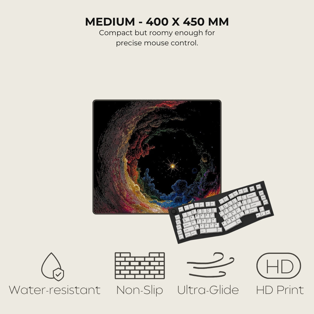 Keyboard mouse pad with space-themed design and product features on a light beige background