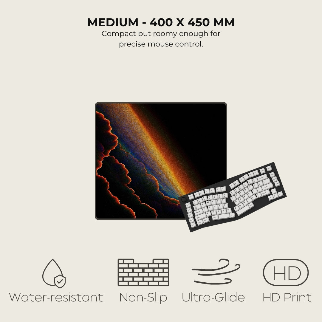 Mouse pad with rainbow design and keyboard, featuring text and icons on a light gray background.