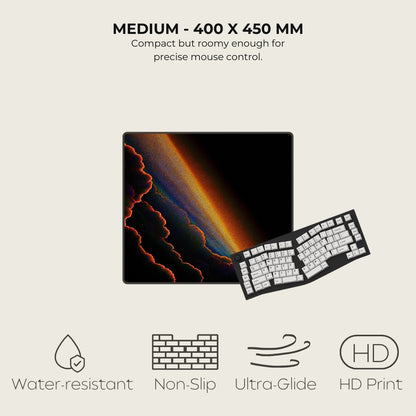 Mouse pad with rainbow design and keyboard, featuring text and icons on a light gray background.