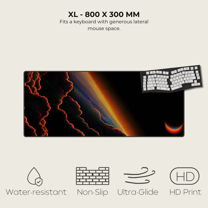 Large mouse pad with a colorful design and keyboard layout, featuring text and icons indicating product features.