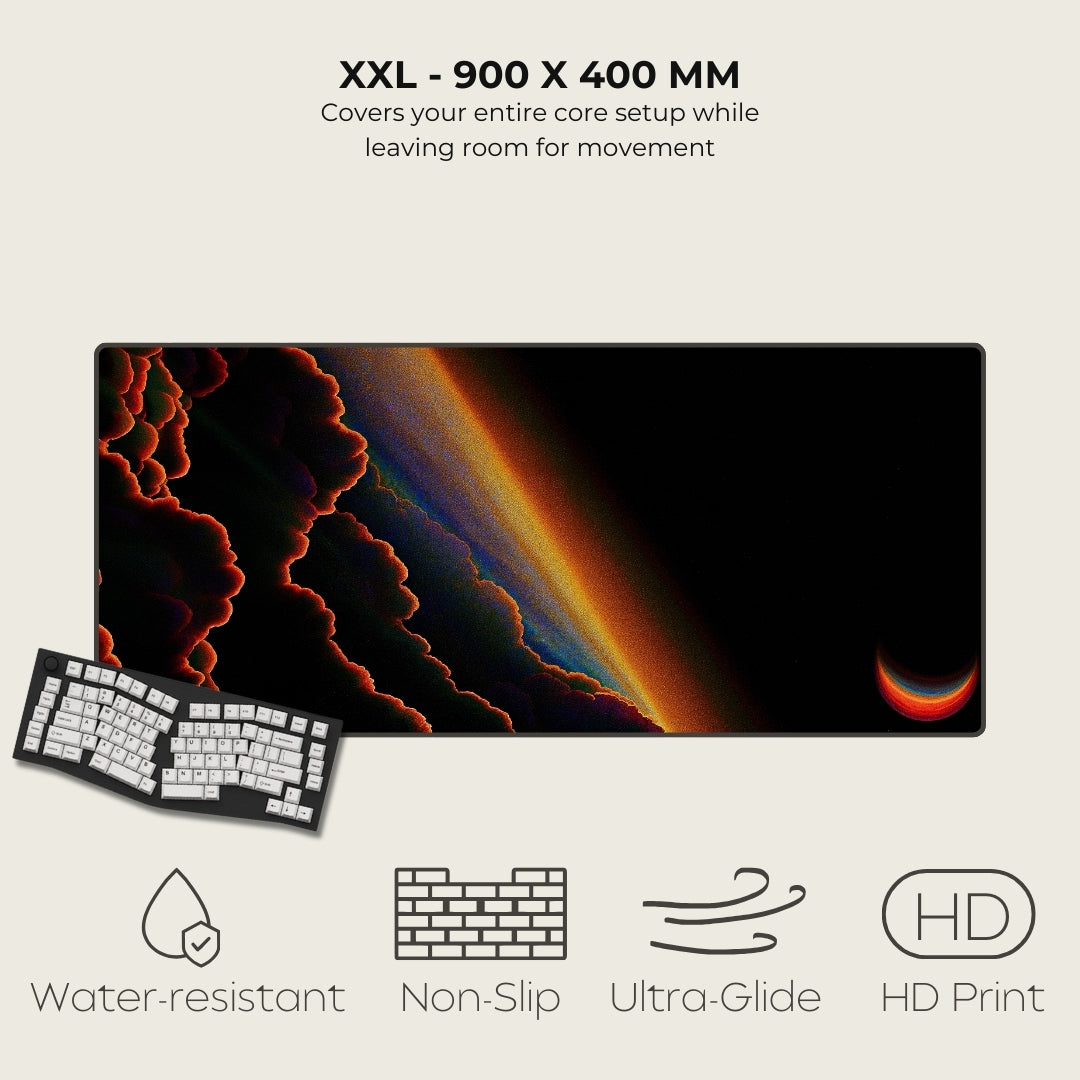 Large mouse pad with a colorful design, keyboard, and features listed on a light gray background.