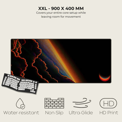 Large mouse pad with a colorful design, keyboard, and features listed on a light gray background.