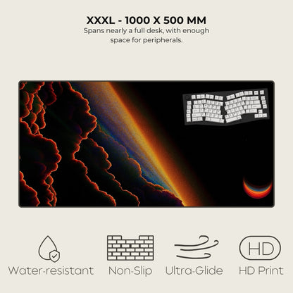 Large desk mat with a colorful design and keyboard, featuring text and icons about product specifications and features.