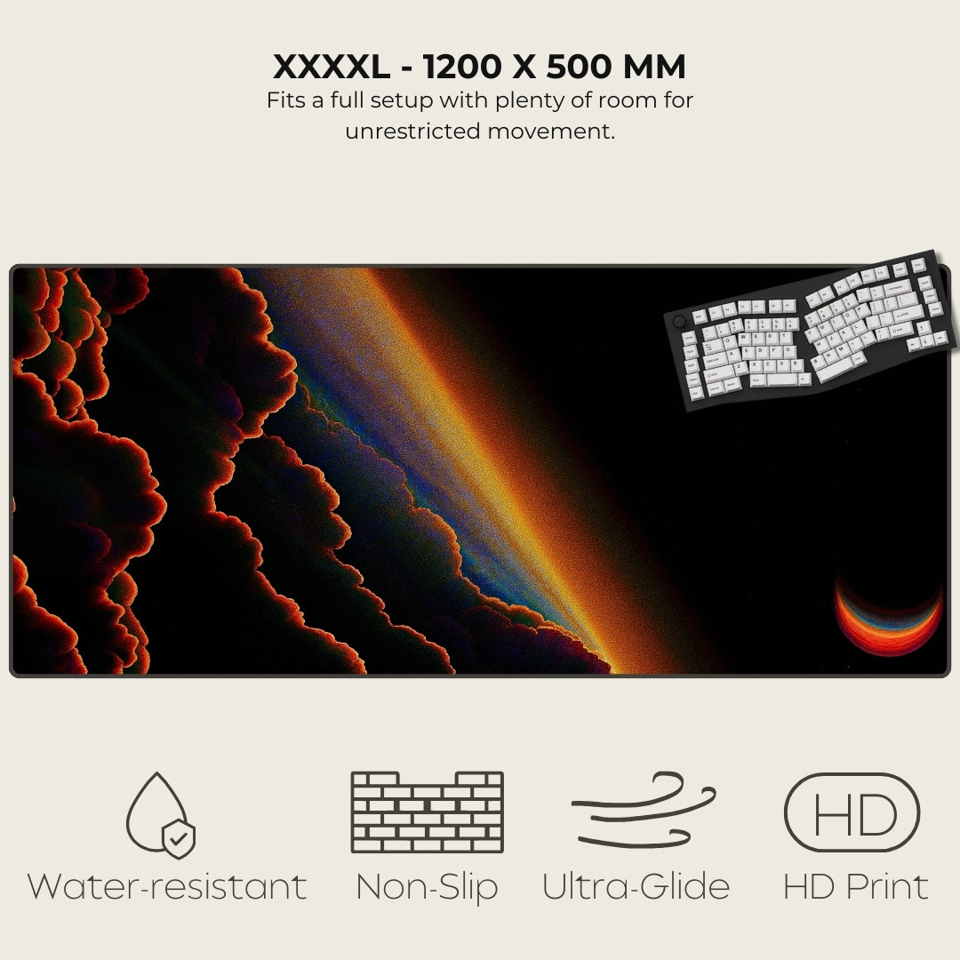 Large mouse pad with a colorful design and keyboard, featuring text and icons indicating product features.