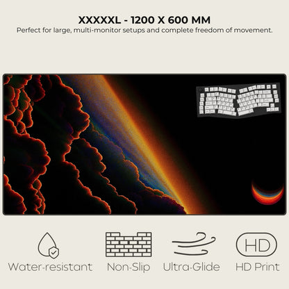 Large desk mat with rainbow design and keyboard illustration, featuring text and icons indicating product features.