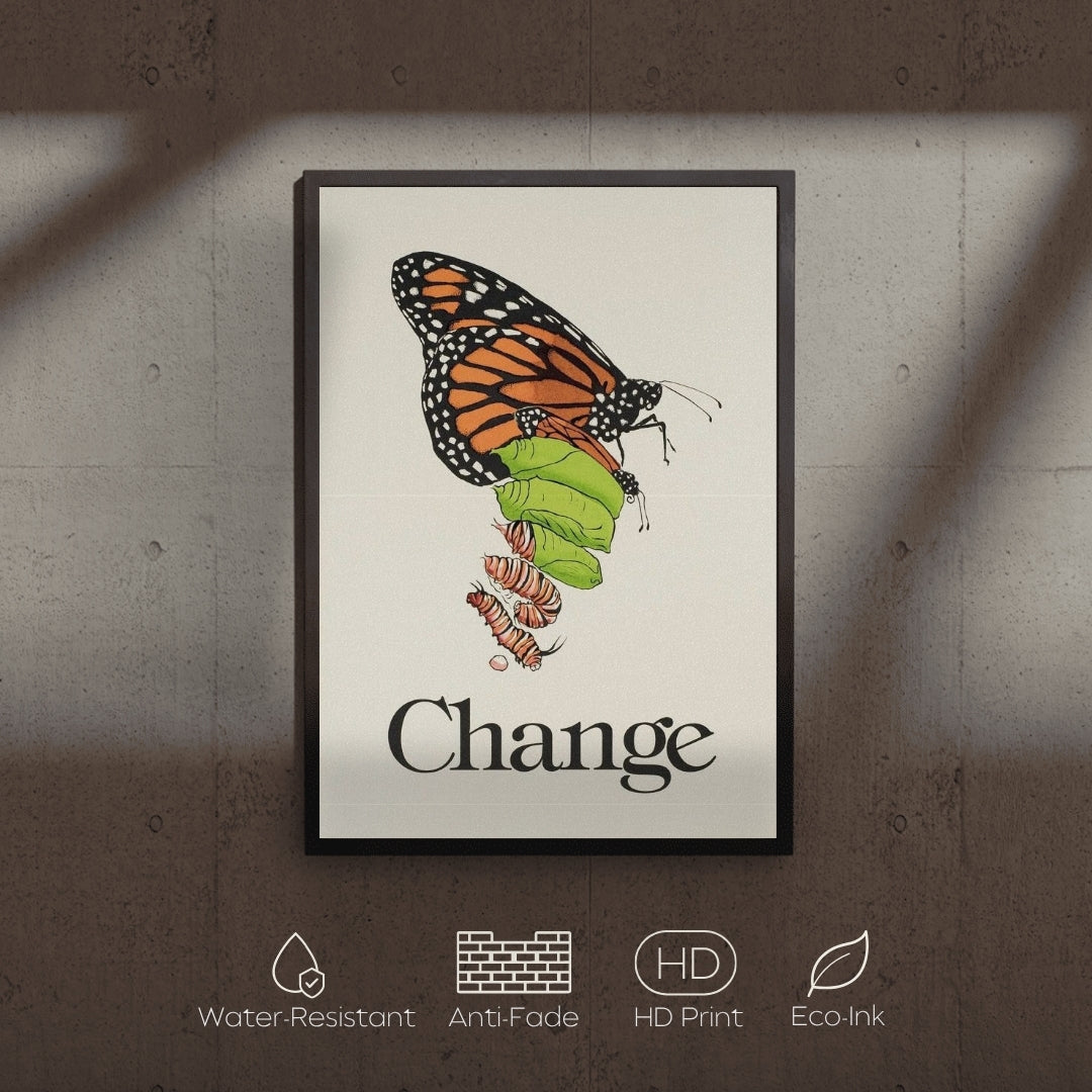 Framed artwork of a butterfly and caterpillar with 'Change' text on a textured wall.