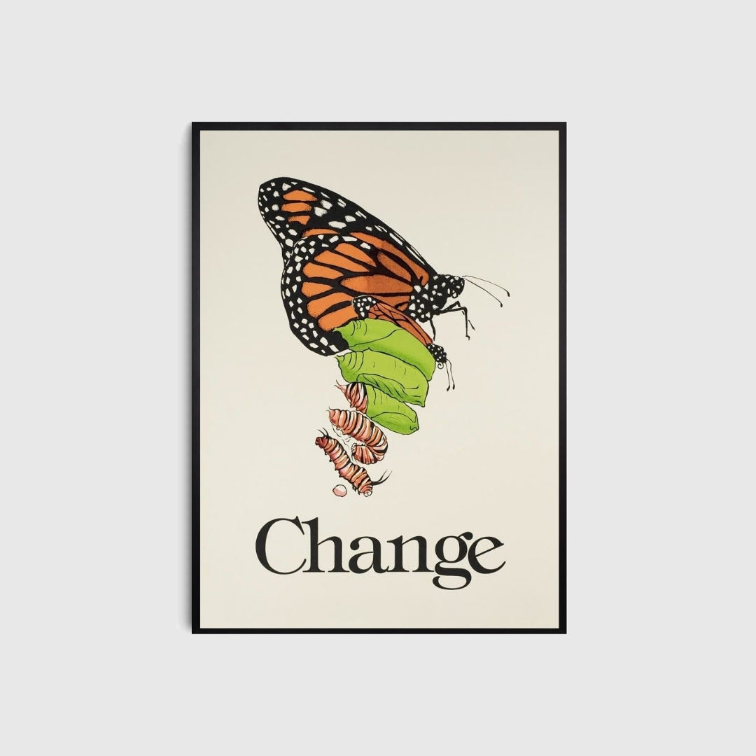Framed artwork with a butterfly and caterpillar on a leaf, featuring the word 'Change'.