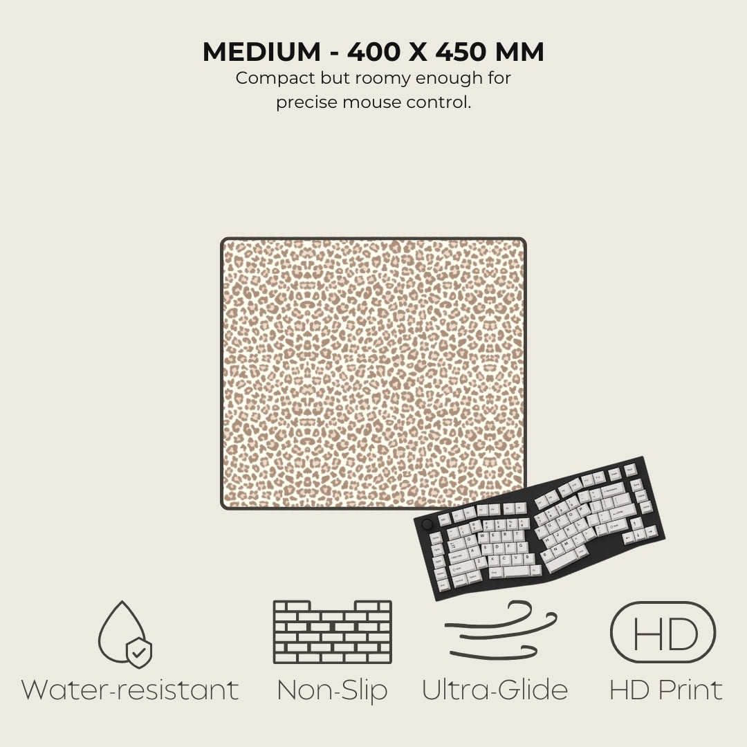 Leopard print mouse pad with product specifications on a beige background