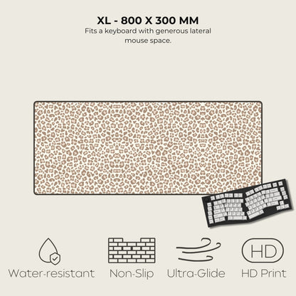 Leopard print mouse pad with dimensions 800x300 mm, featuring a keyboard on a light gray background.