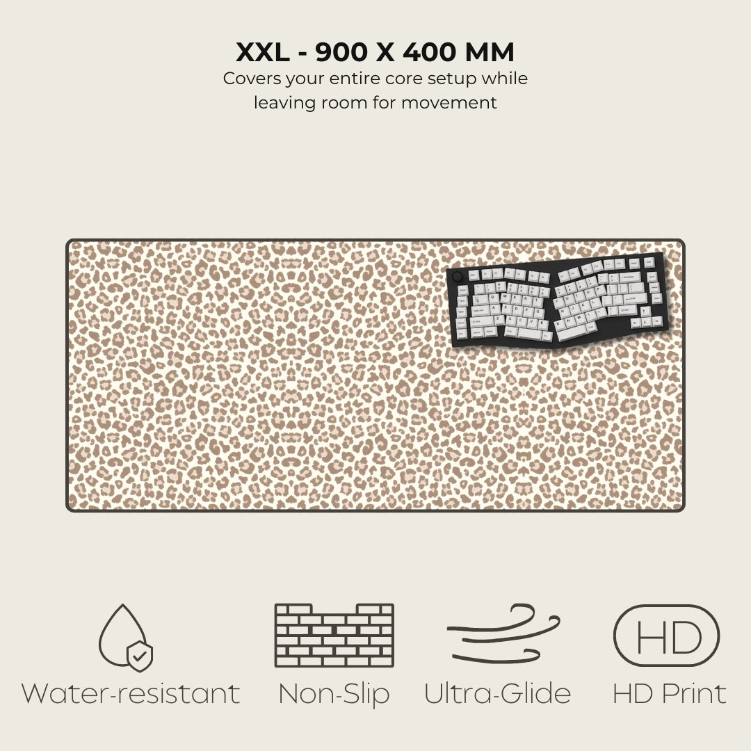 Leopard print desk mat with text and icons on a beige background