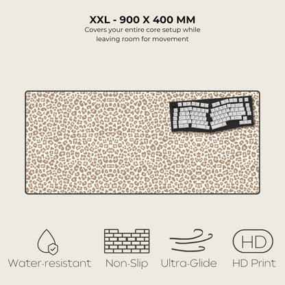 Leopard print desk mat with text and icons on a beige background