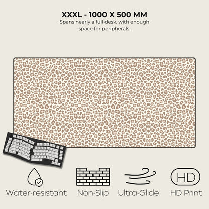 Leopard print desk mat with product specifications and features on a beige background