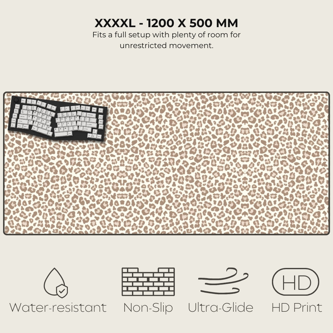 Large leopard print mouse pad with text and icons indicating features.