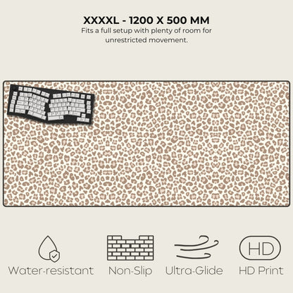 Large leopard print mouse pad with text and icons indicating features.
