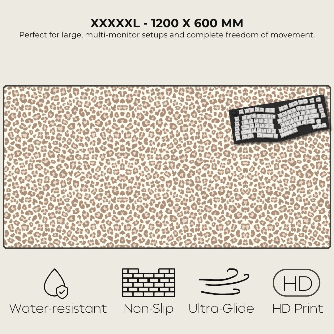 Leopard print desk mat with keyboard on a light gray background, featuring text and icons about product features.