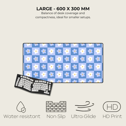 Floral patterned desk mat with size 600 x 300 mm, features listed below on a light gray background