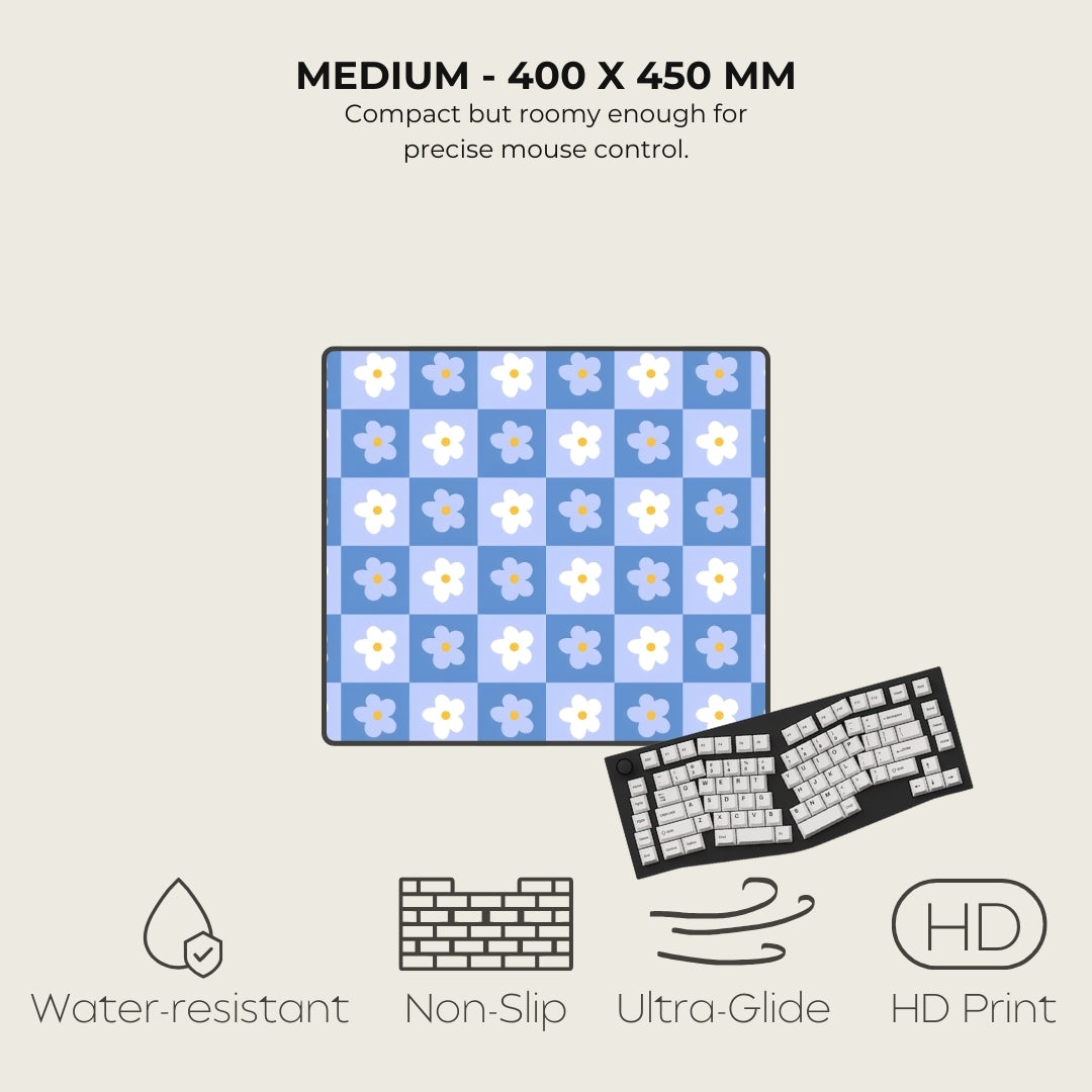 Floral mouse pad with keyboard on a light gray background, featuring text and icons about product features.