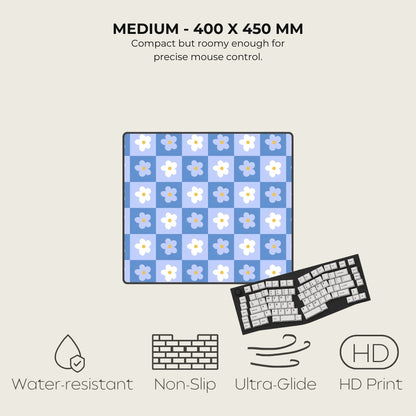Floral mouse pad with keyboard on a light gray background, featuring text and icons about product features.
