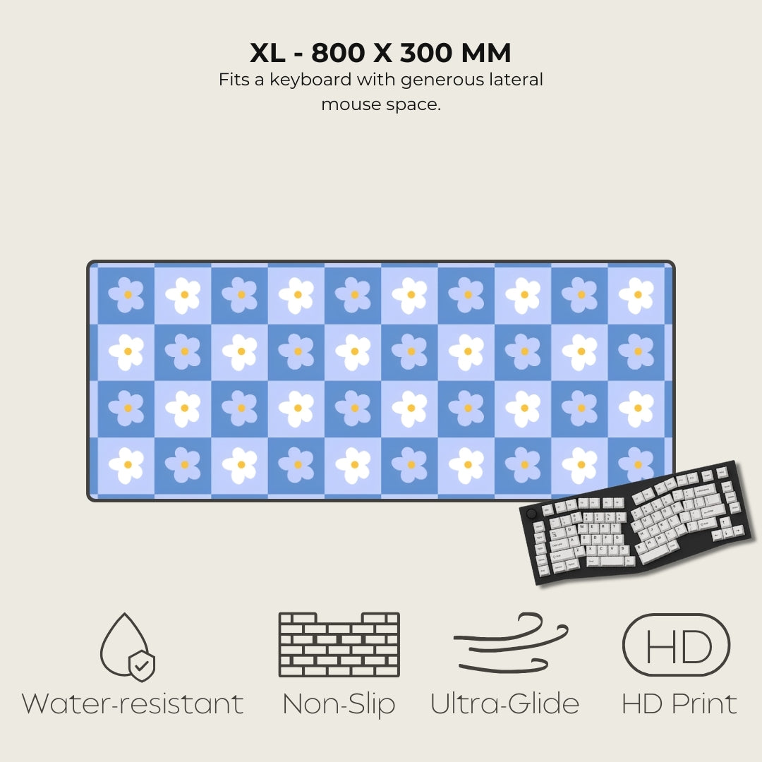 Floral patterned mouse pad with keyboard on a light gray background