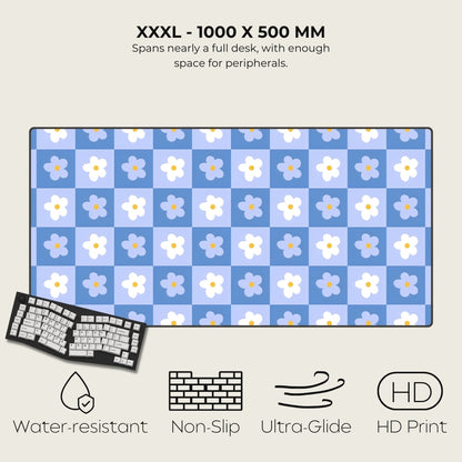 Large desk mat with floral pattern, keyboard, and feature icons on a white background