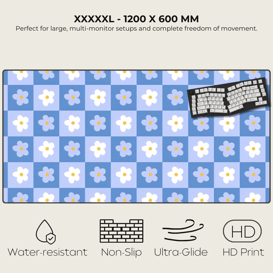 Large floral checkered mouse pad with keyboard on a blue background