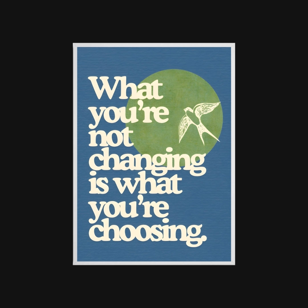 Motivational quote on a blue background with a green circle and bird illustration.