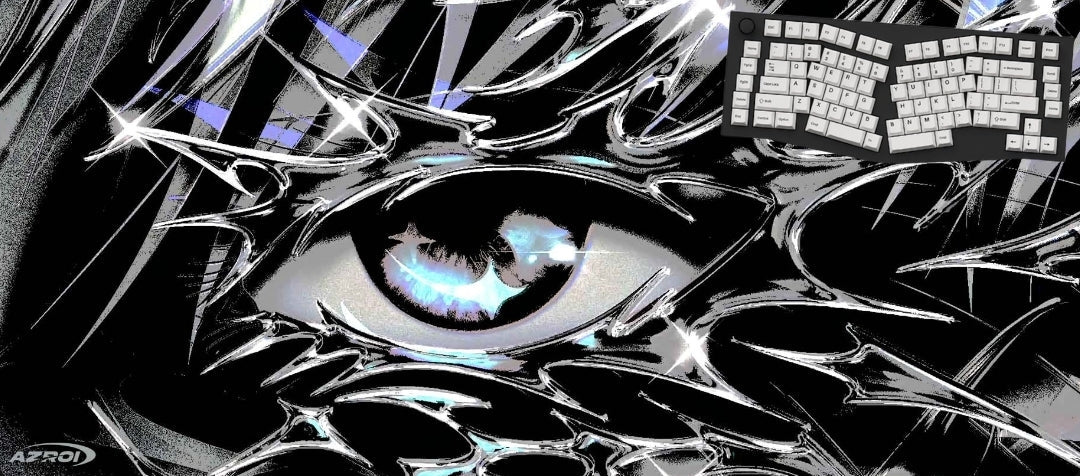 A stylized black-and-white illustrated mousepad close-up of a human eye with sharp graphic lines and abstract reflections, plus a keyboard in the upper right corner.