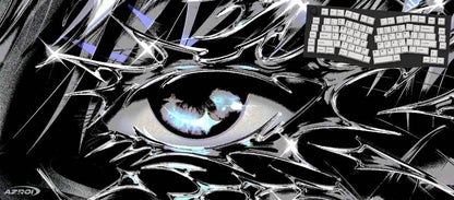 A stylized black-and-white illustrated mousepad close-up of a human eye with sharp graphic lines and abstract reflections, plus a keyboard in the upper right corner.