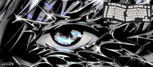 A stylized black-and-white illustrated mousepad close-up of a human eye with sharp graphic lines and abstract reflections, plus a keyboard in the upper right corner.