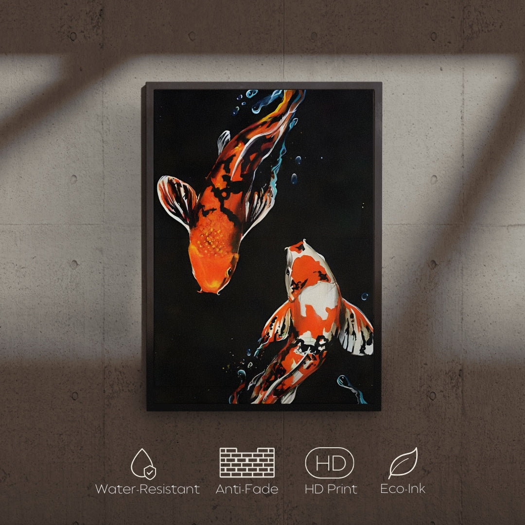 Framed artwork of two Koi fish on a dark background with water-resistant, anti-fade, HD print, and eco-ink features.