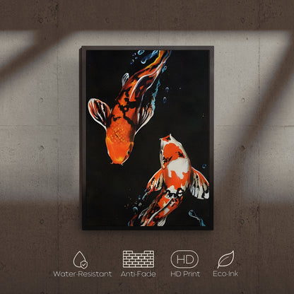Framed artwork of two Koi fish on a dark background with water-resistant, anti-fade, HD print, and eco-ink features.
