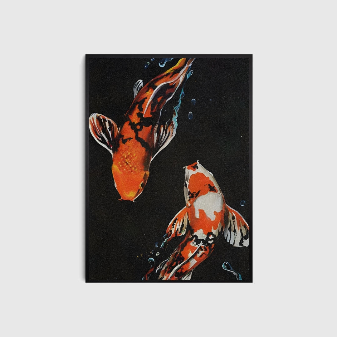 Artistic depiction of two koi fish on a black background