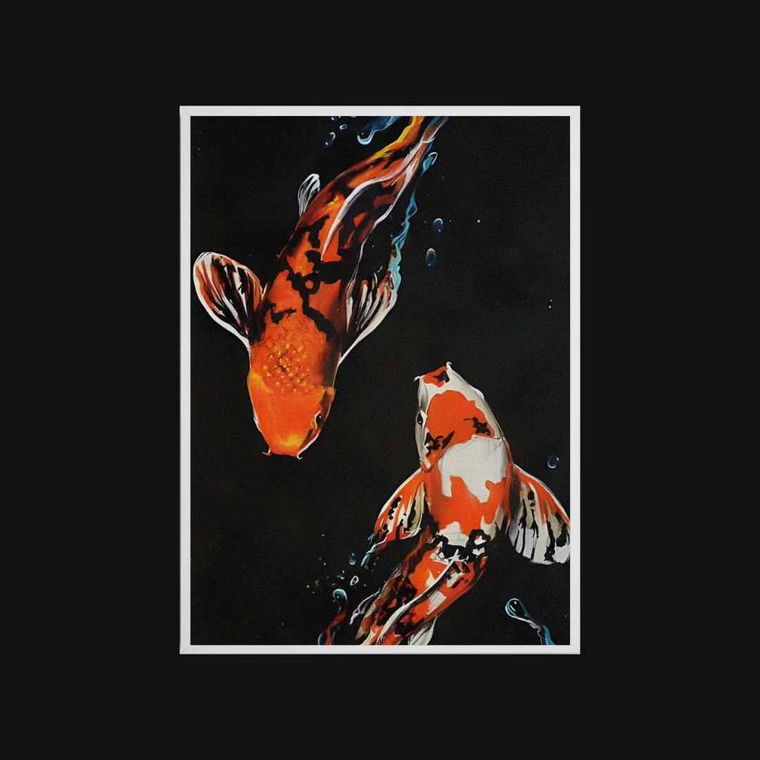 Artistic depiction of two koi fish on a black background