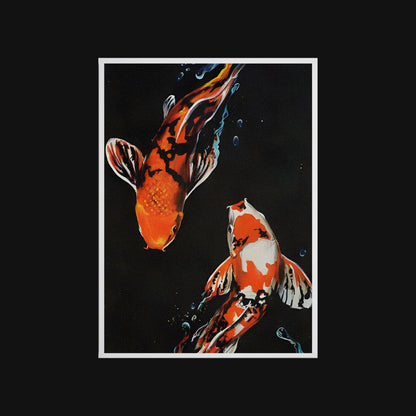 Artistic depiction of two koi fish on a black background