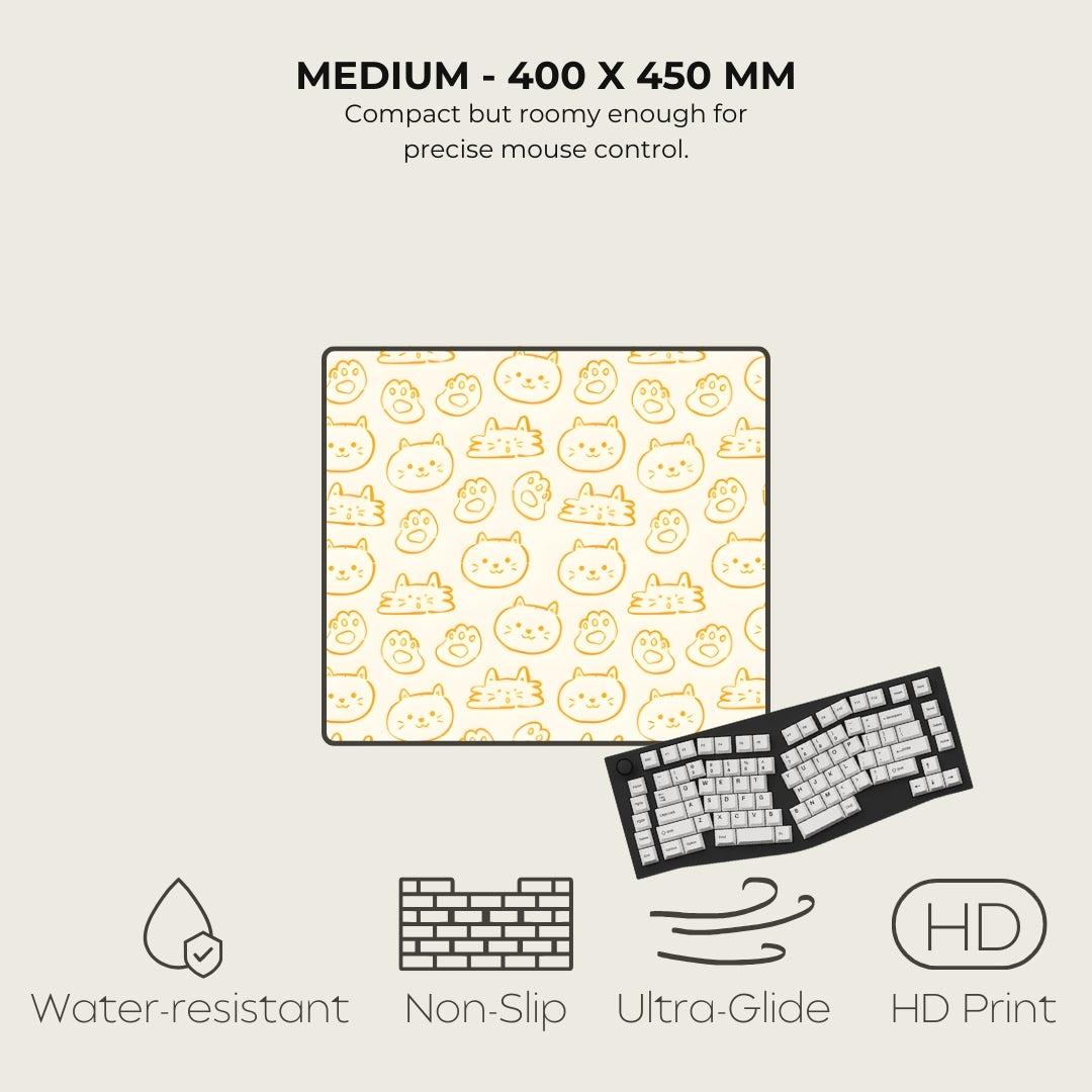 Patterned mouse pad with a keyboard on a light gray background, featuring text and icons about product specifications.