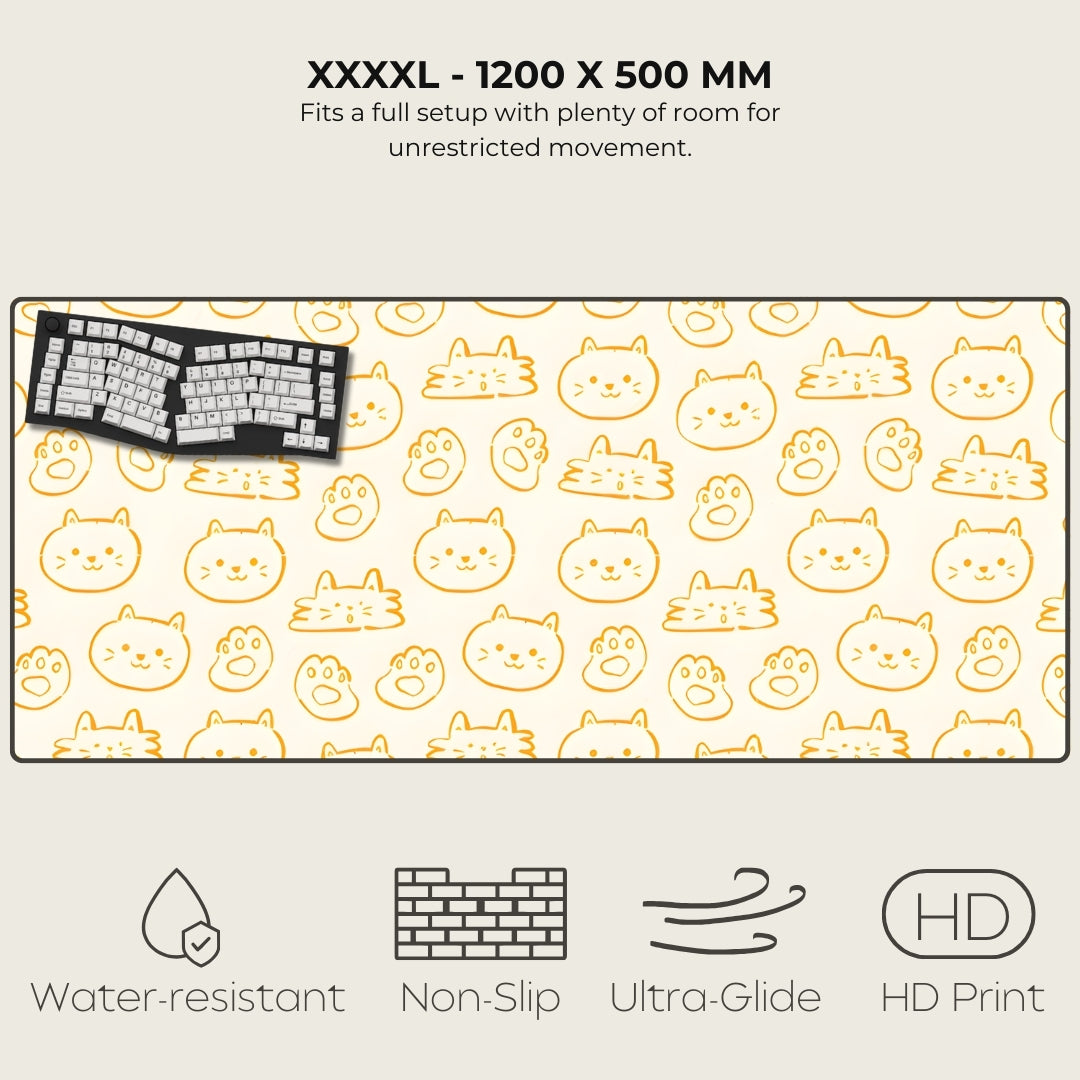 Large mouse pad with cat pattern, keyboard on it, and product features listed.