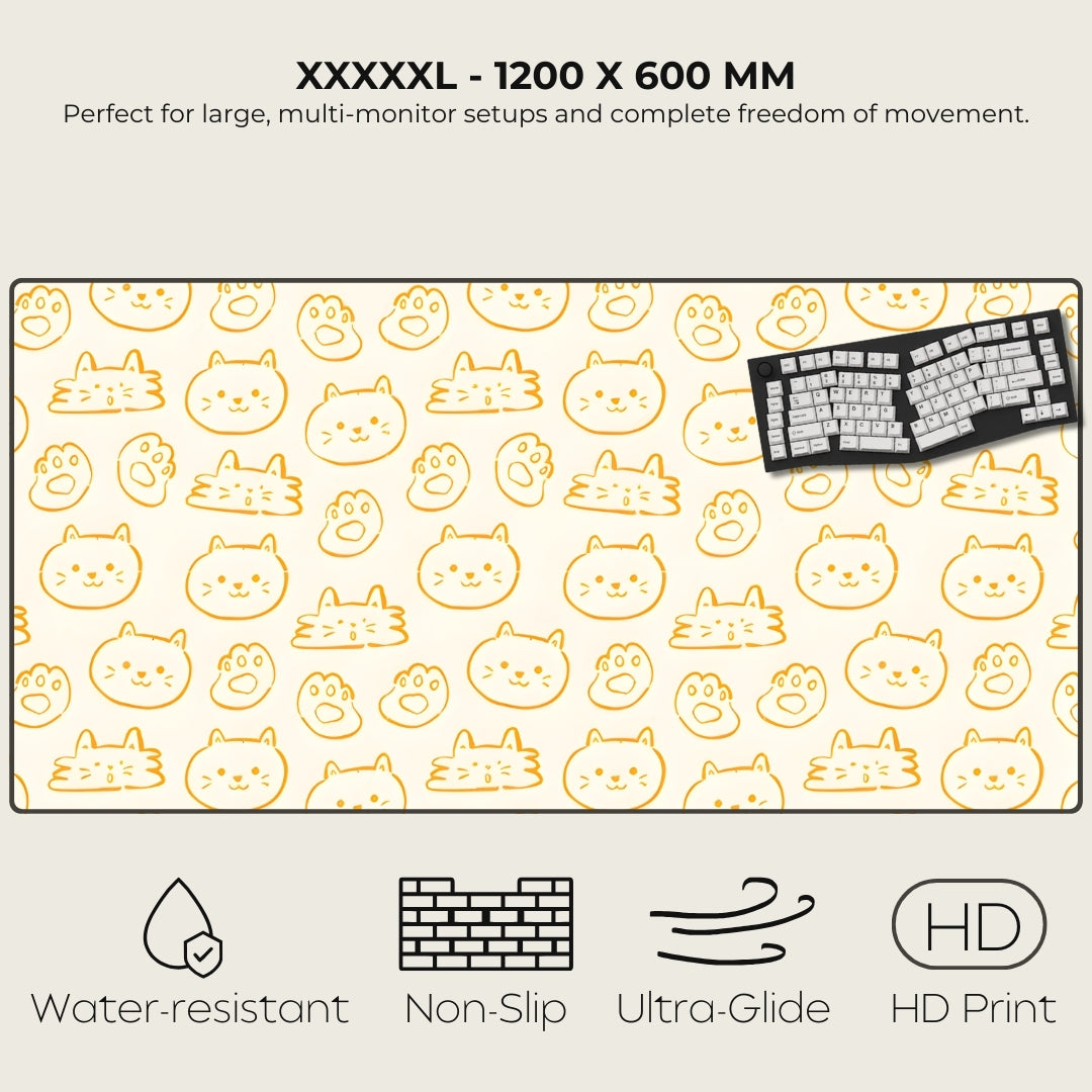 Large mouse pad with cat pattern and keyboard on a white background