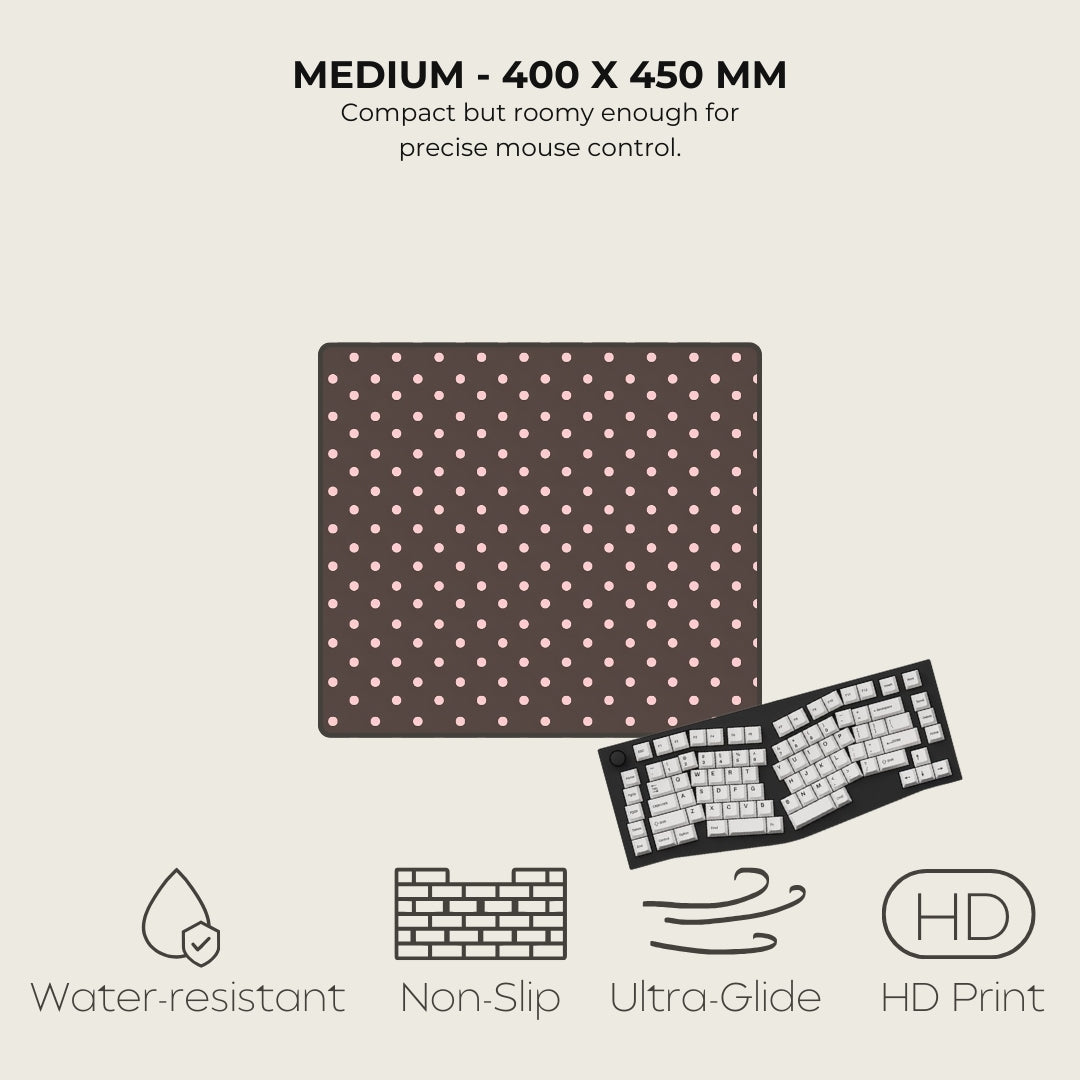 Polka dot mouse pad with keyboard on a beige background, featuring text and icons about product features.