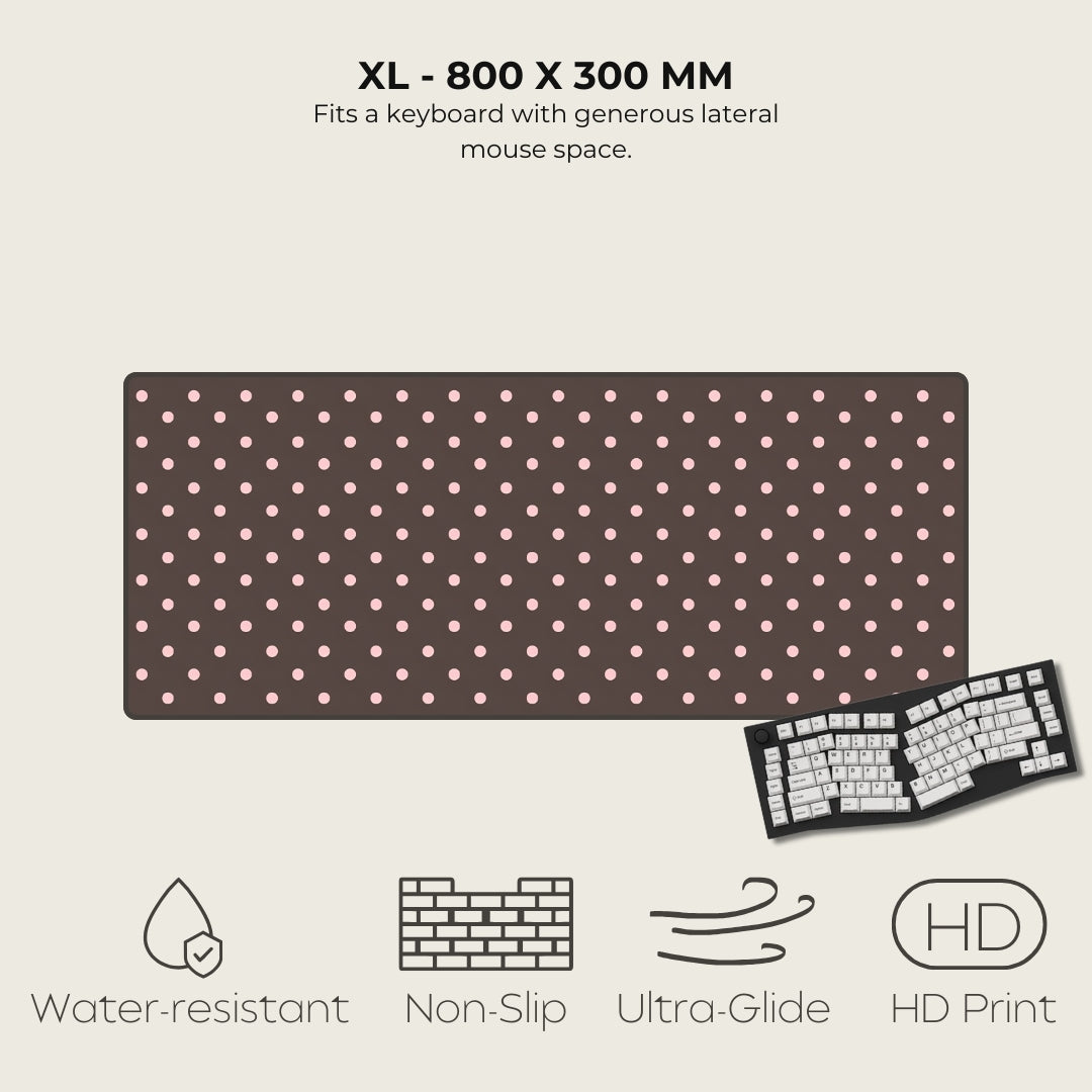 Polka dot mouse pad with dimensions and features listed on a beige background