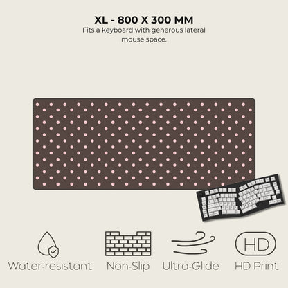 Polka dot mouse pad with dimensions and features listed on a beige background