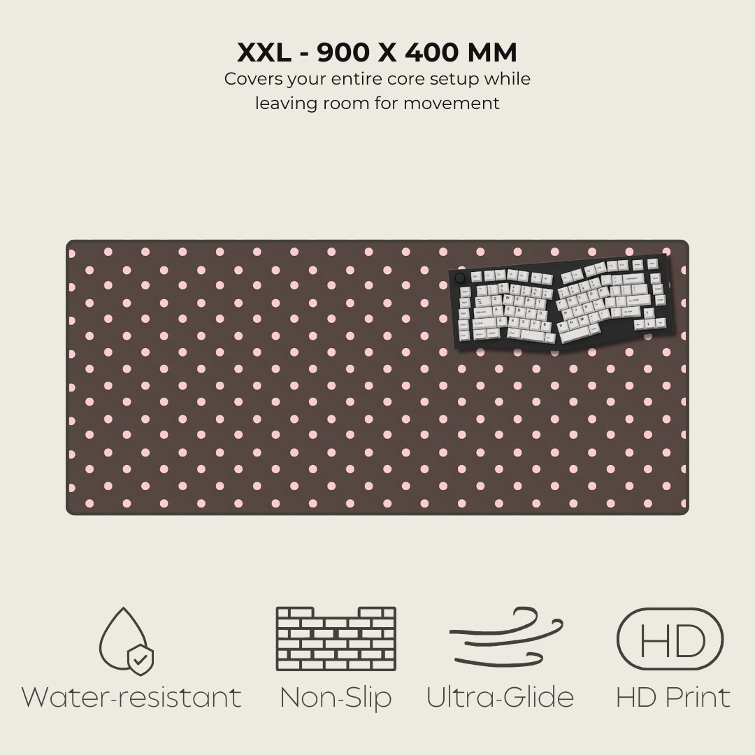 Polka dot mouse pad with text and product features on a light gray background