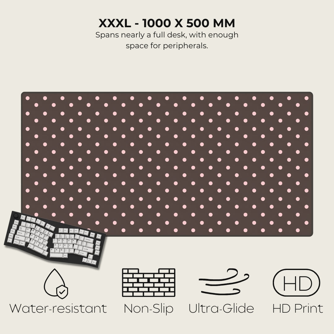 Large desk mat with pink polka dots and product features listed below.