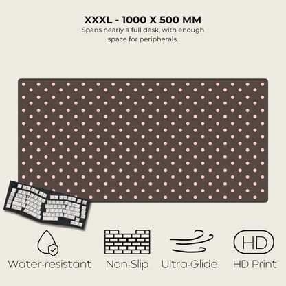 Large desk mat with pink polka dots and product features listed below.
